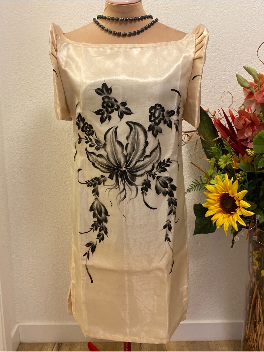 Filipiniana M Beige Satin Shift Dress with Black Floral Motif